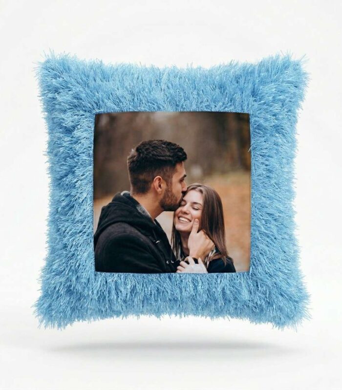 Custom Printed Blue Fur Cushion with Photo & Text | Personalized Soft Pillow